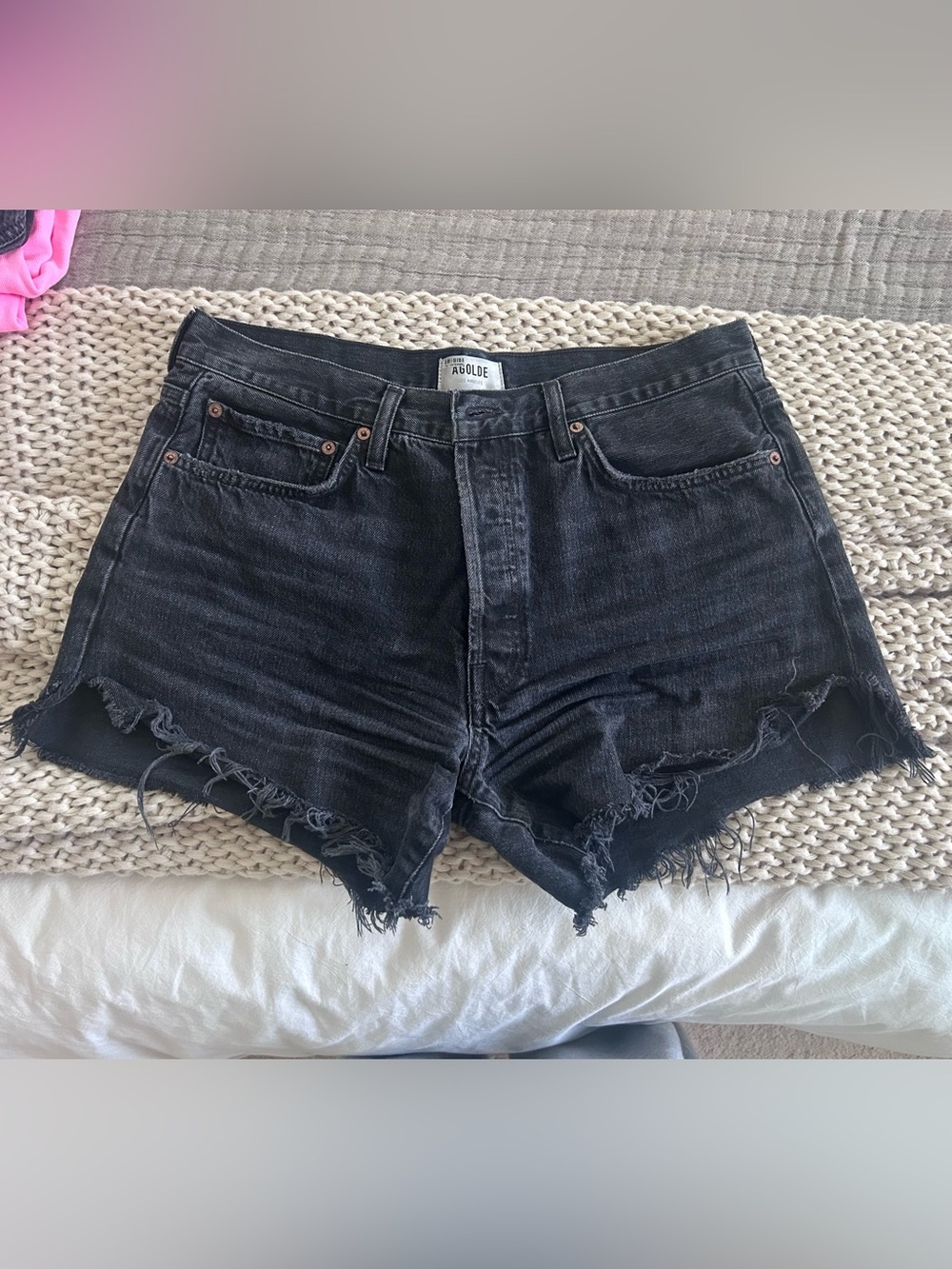 Agolde Parker Long Black Distressed High-Rise Denim Shorts